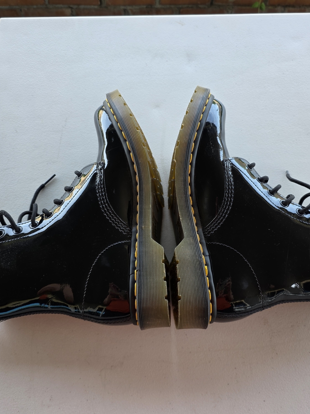 Dr. Martens Black Patent Lace-Up Boots with Yellow Stitching - Picture 5 of 5